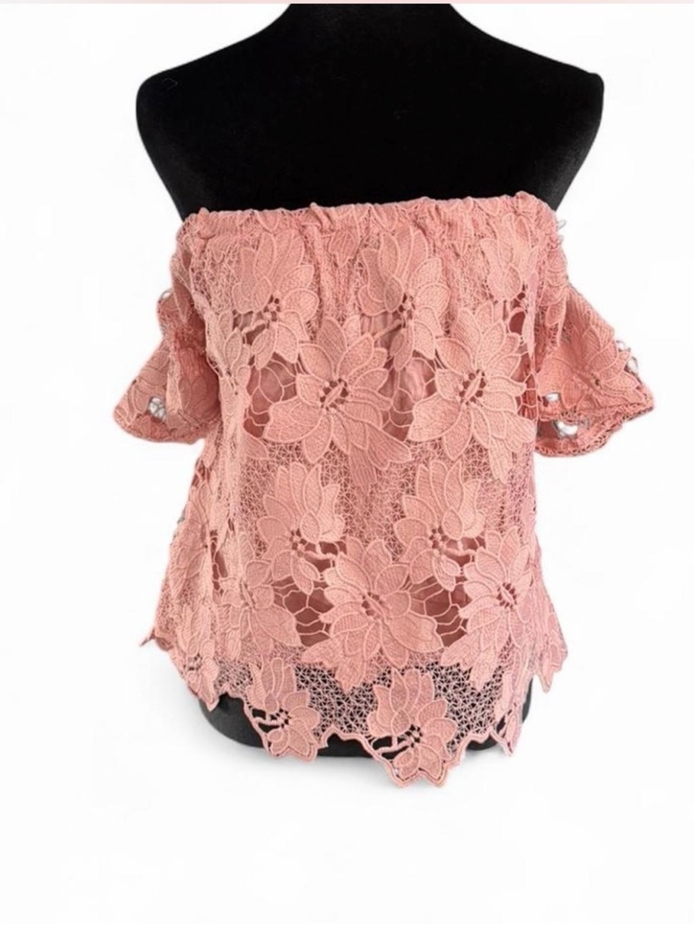 Kendall & Kylie Off Shoulder Lace Blouse Pink Floral Scallop Hem Size M - Picture 2 of 5